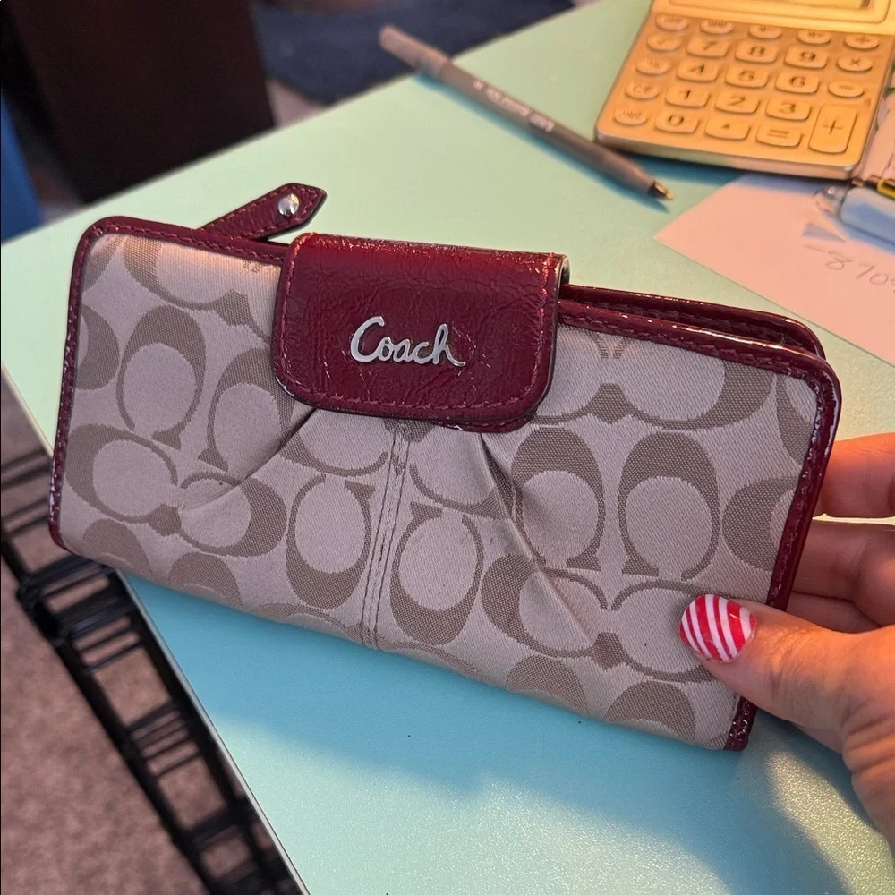 Coach Tan and Burgundy Signature Wallet Red designer wallet purse clutch card
